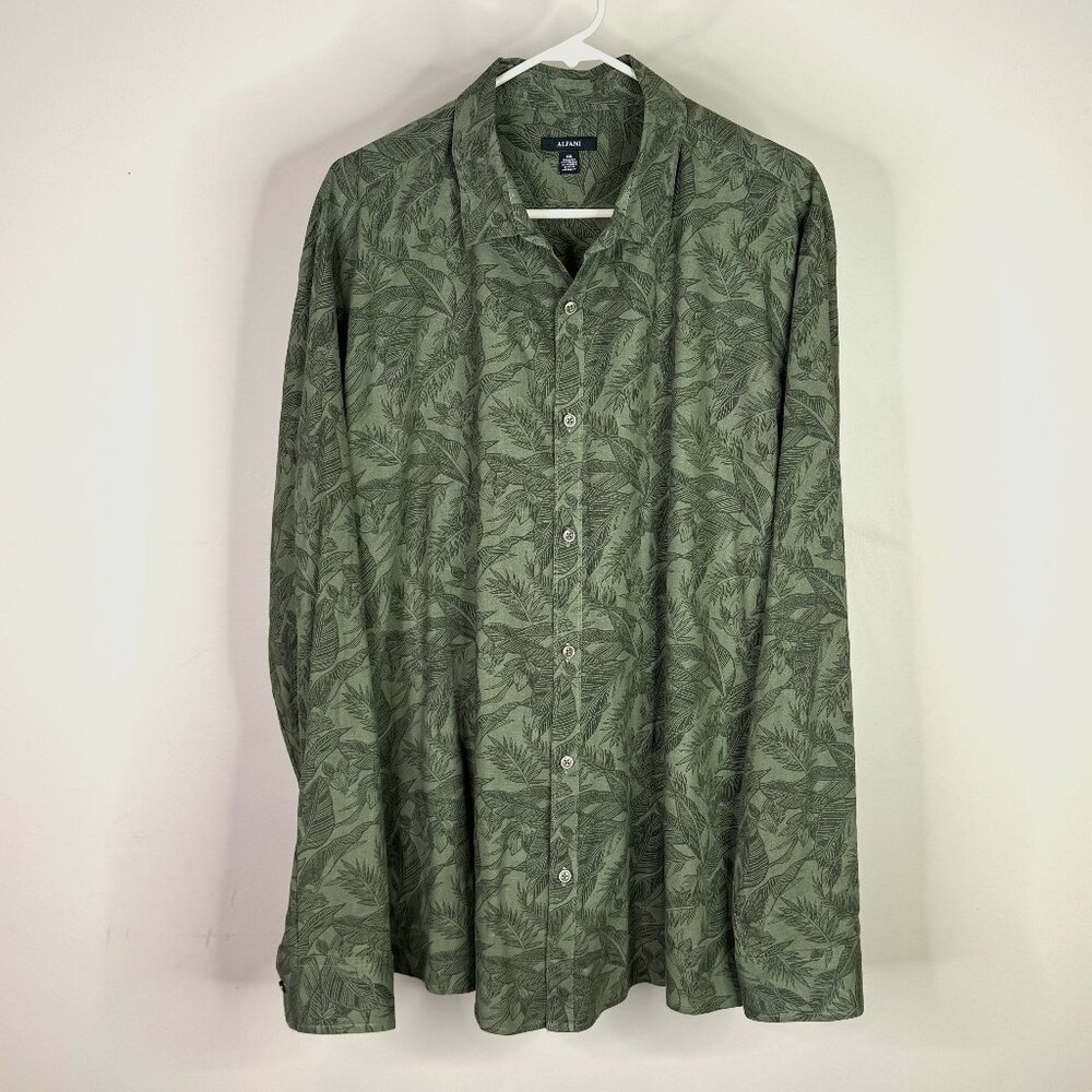 Alfani XXL Green Palm Leaf Pattern Casual Button-Down Long-Sleeve Shirt